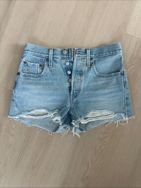 Levi's Light Blue High-Rise Distressed Denim Shorts